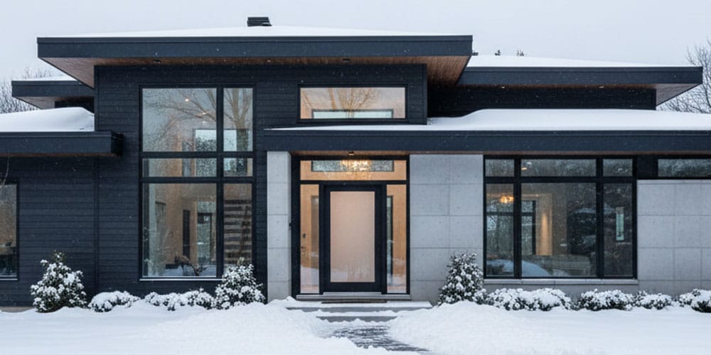 Facade de maison avec porte et fenetres de style moderne.